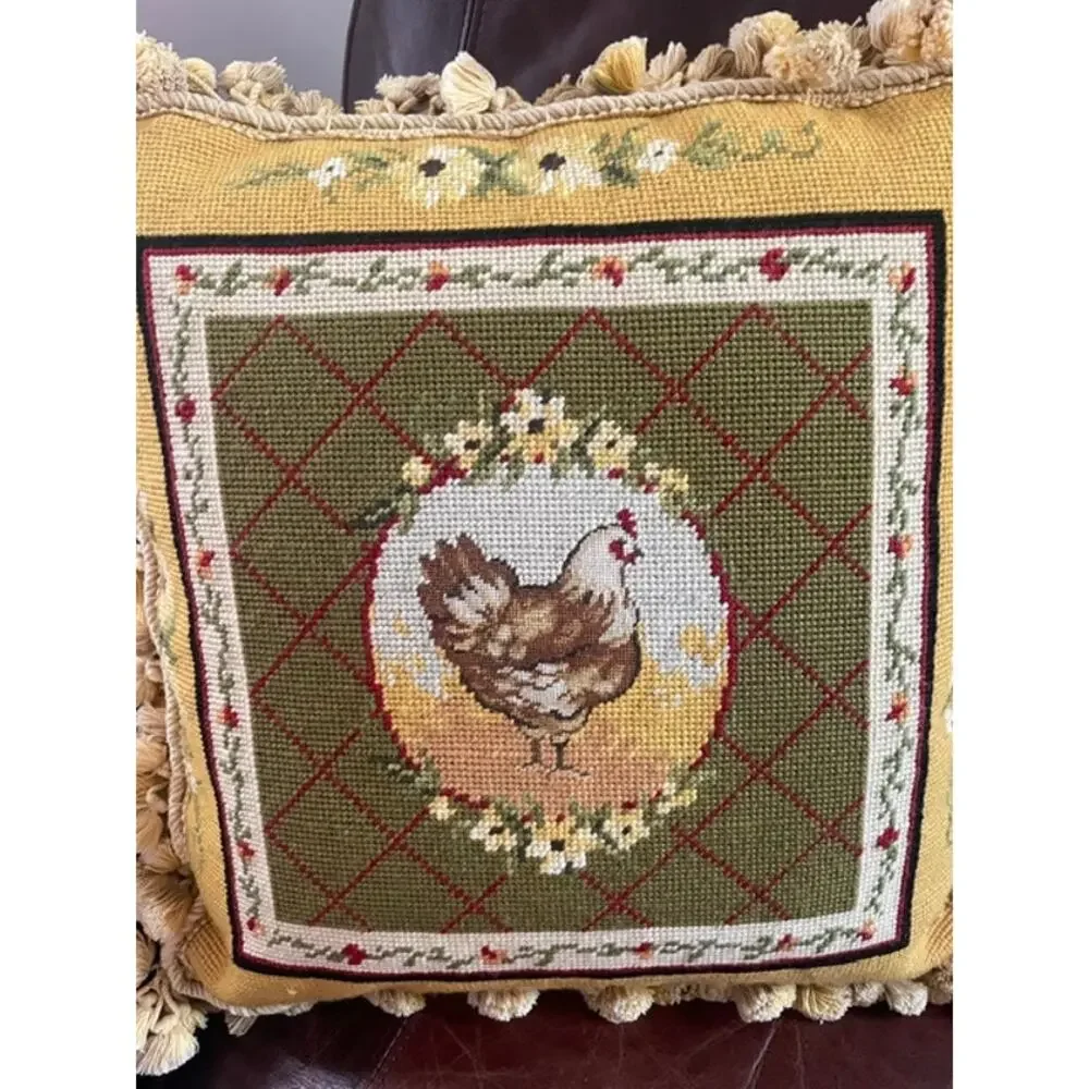 Vintage Aubusson Style Needlepoint Hen Chicken Pillow Tassel Fringe 17